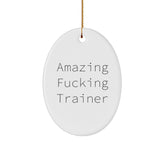 Funny Trainer Oval Ornament Gifts from Friends to Family, 'Amazing F--king Trainer' Quote, White Oval Shaped, Perfect for Christmas - Image 1